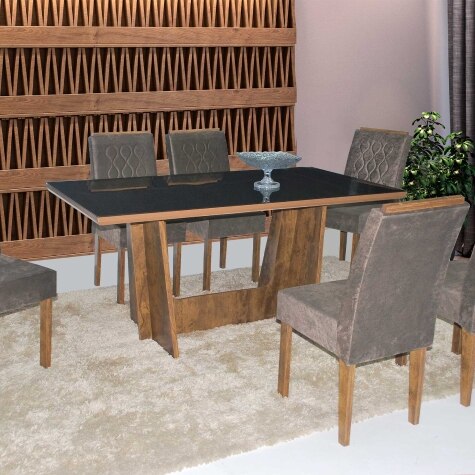 Conjunto Sala de Jantar Tampo MDF/Vidro 6 Cadeiras Helena Espresso Móveis